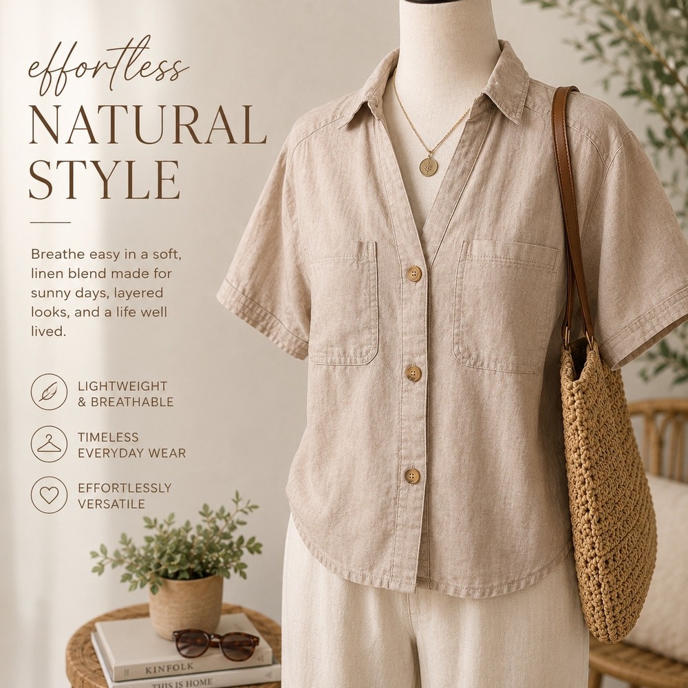 Love Tree Linen Blend Utility Shirt Oatmeal Coastal Minimalist Button Down S